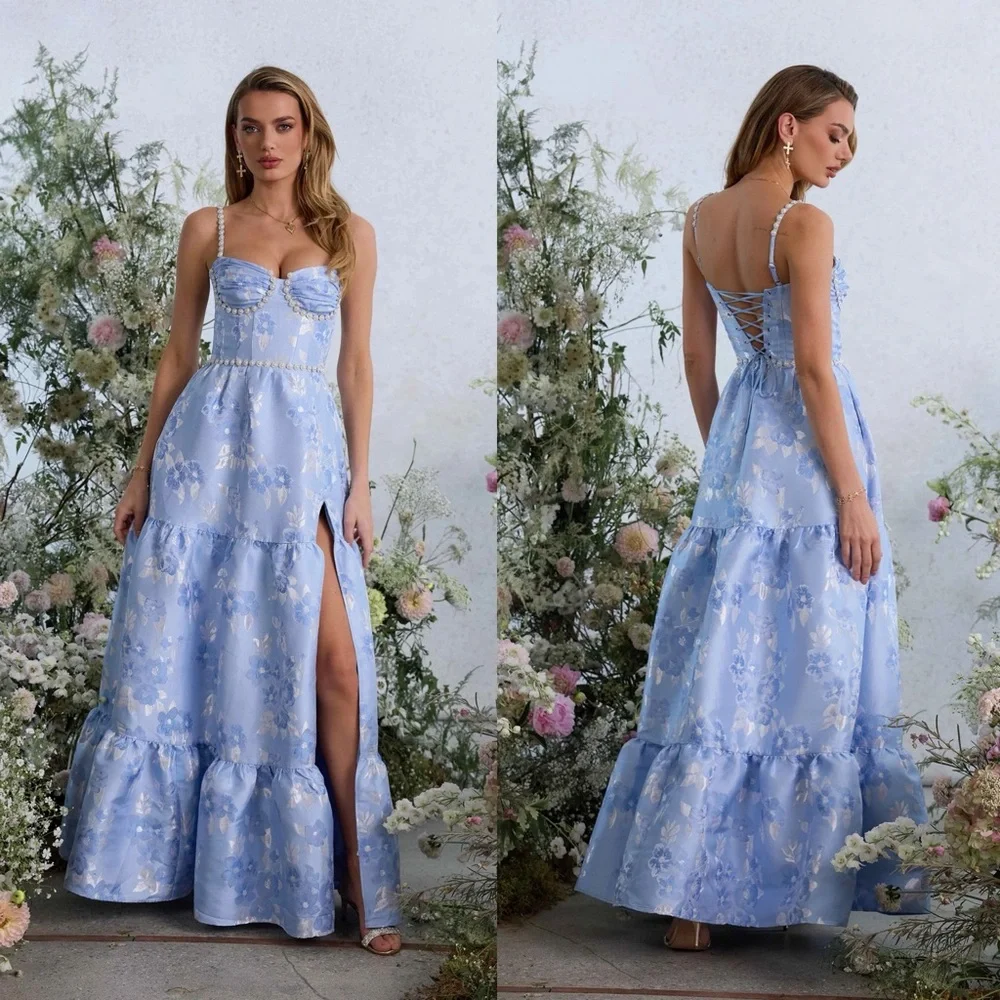 V. Chapman Lucetta Corset Tiered Maxi Dress Chambray Blue Baroque NEW with  tags
